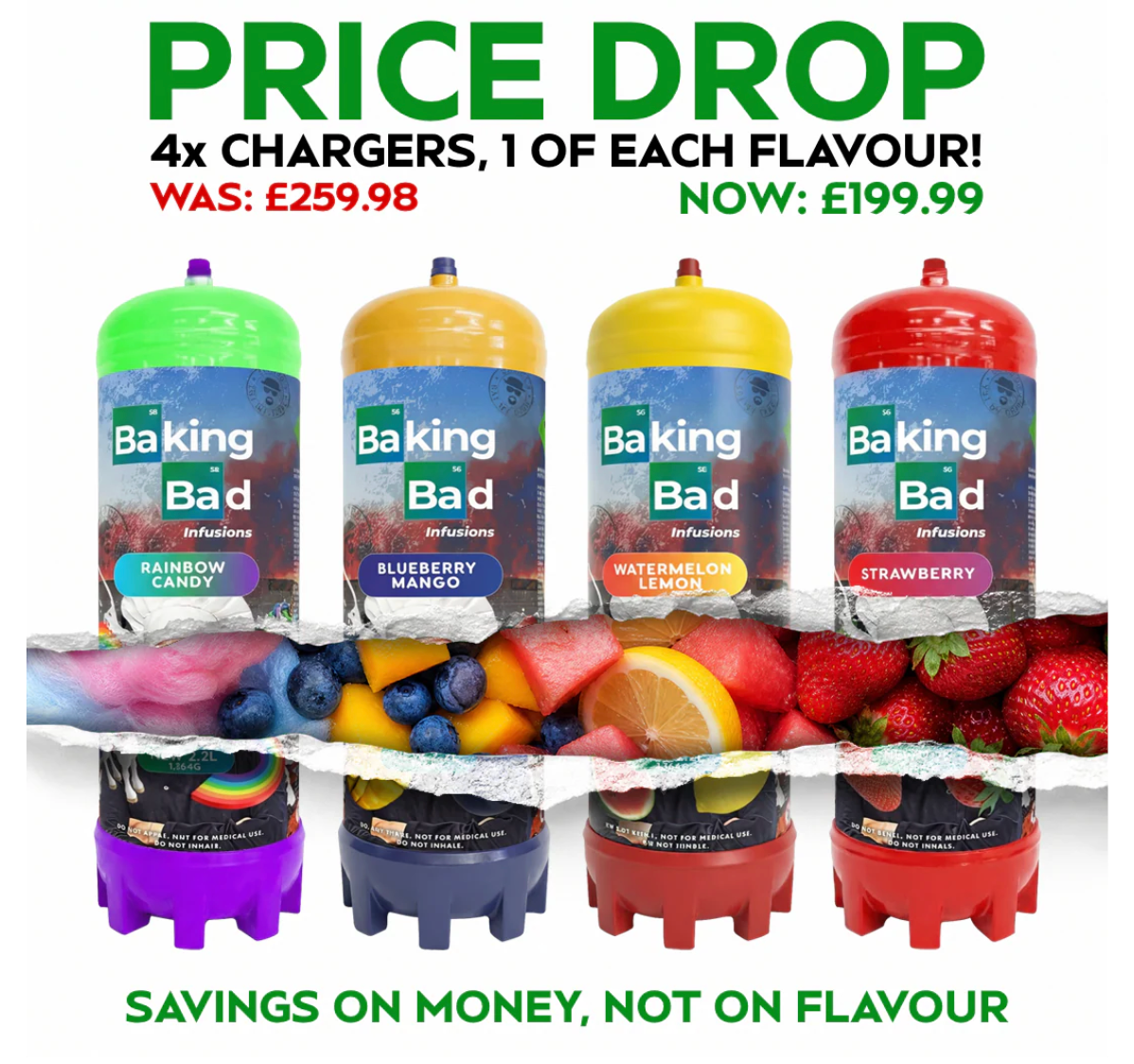 4 x Baking Bad 2.2L / 1364g Mixed Flavours Whipped Cream Chargers